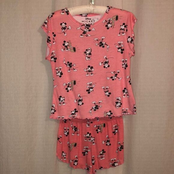 Disney 0-2 XS Coral Black White Mickey Mouse Short Sleeve Top & Shorts PJ Set - Picture 1 of 12